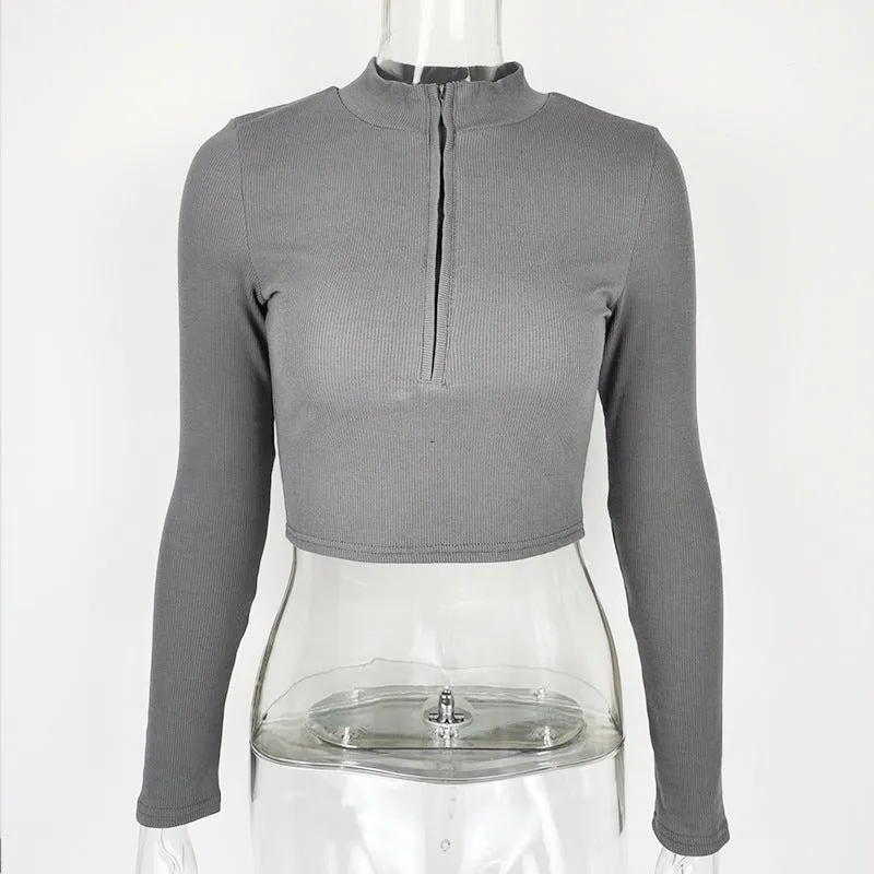 Women's solid colour zipper crop slim fit top in black, long sleeves, front zipper