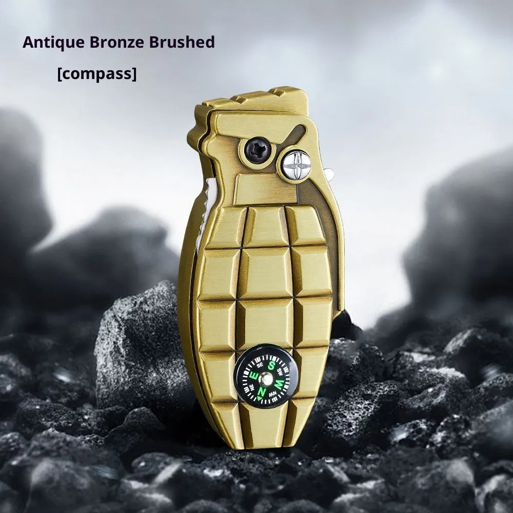 Grenade-shaped windproof metal lighter with knife, Antique Silver brushed finish