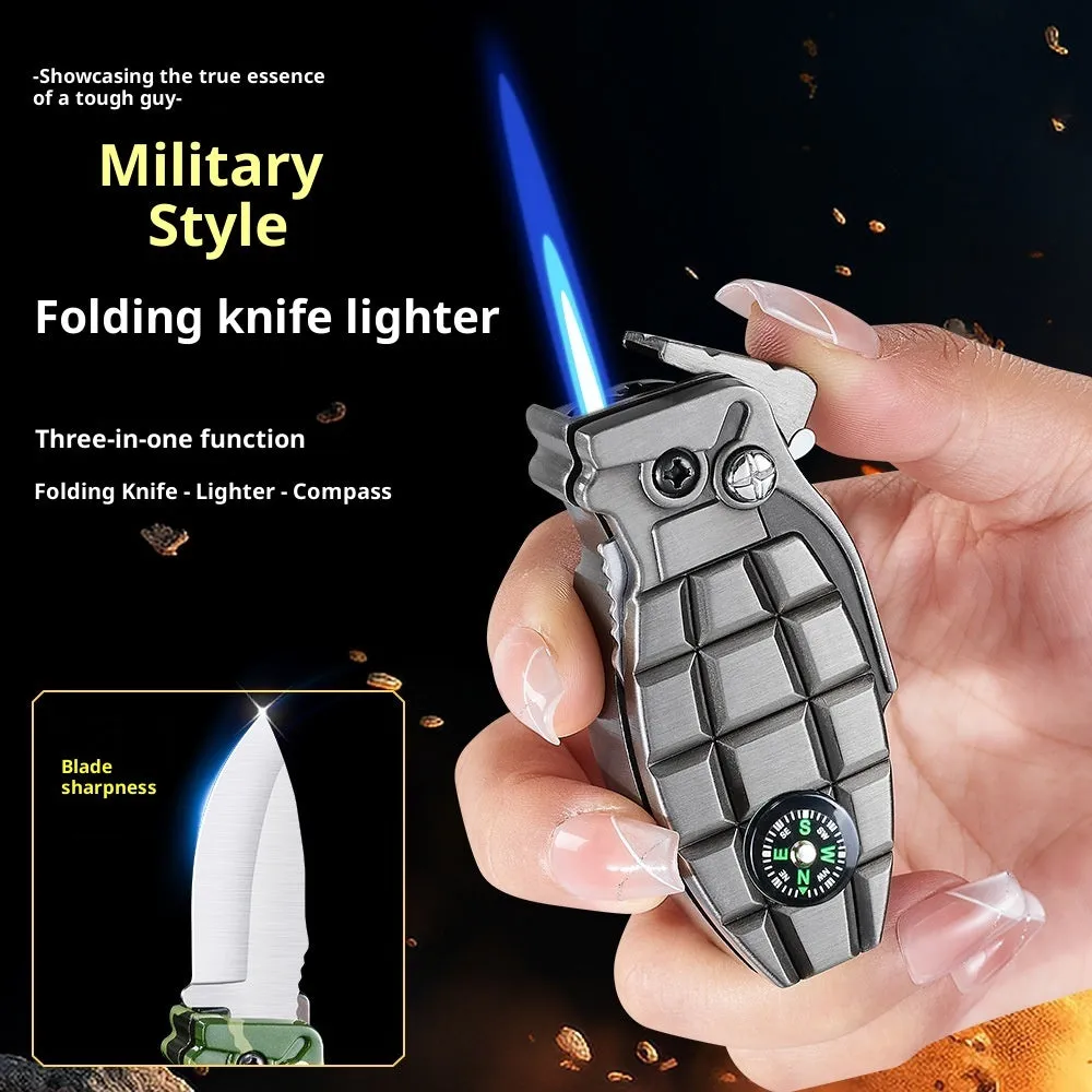 Grenade-shaped windproof metal lighter with knife, Antique Silver brushed finish