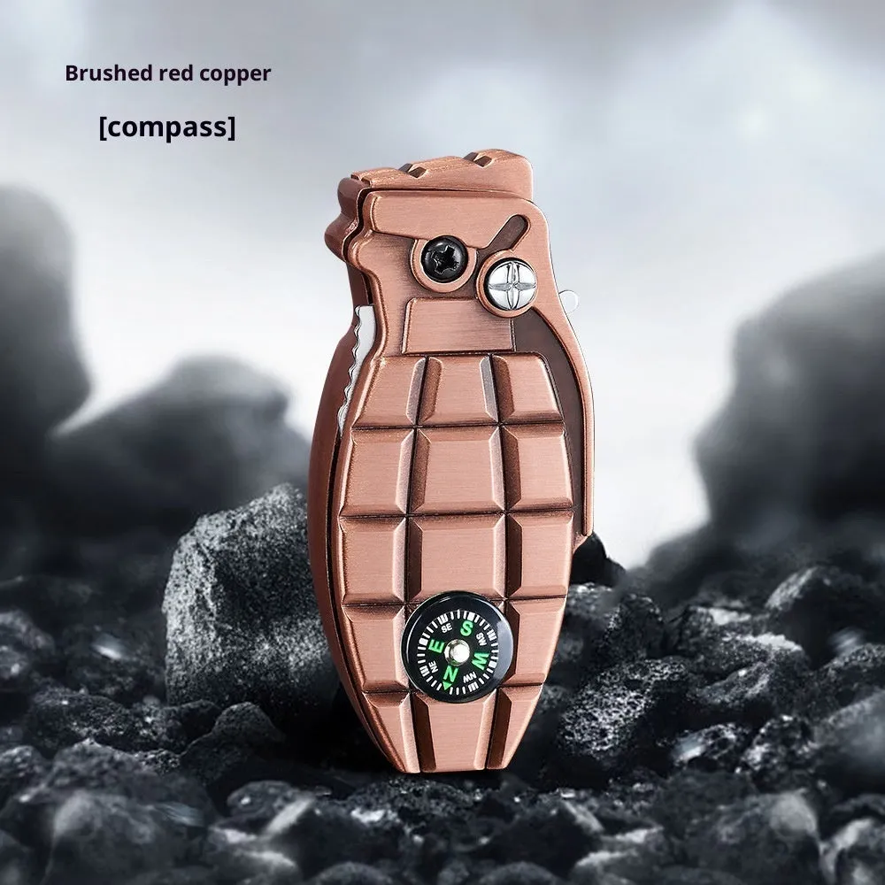 Grenade-shaped windproof metal lighter with knife, Antique Silver brushed finish