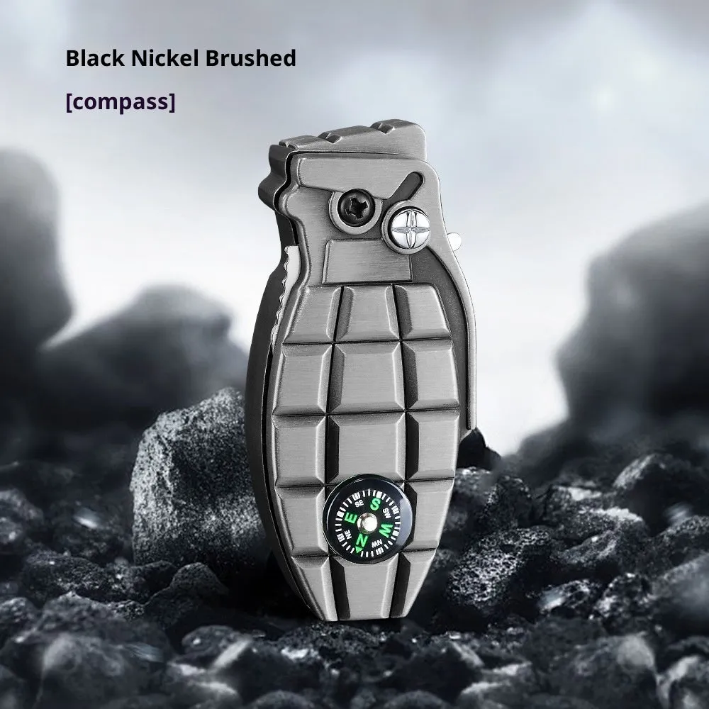 Grenade-shaped windproof metal lighter with knife, Antique Silver brushed finish