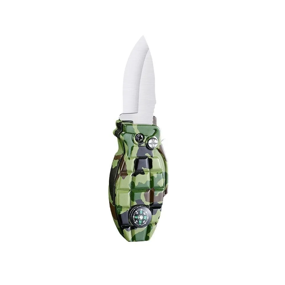 Grenade-shaped windproof metal lighter with knife, Antique Silver brushed finish
