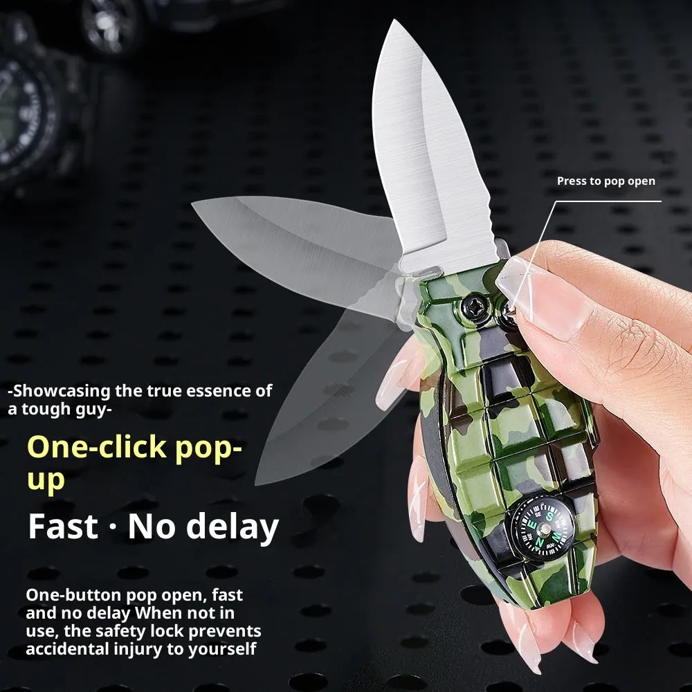 Grenade-shaped windproof metal lighter with knife, Antique Silver brushed finish