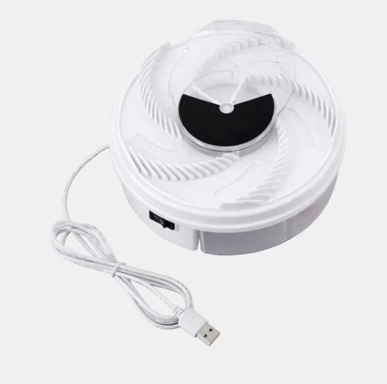 White USB electric fly trap with automatic fan, compact PP plastic body, 20 square metre coverage