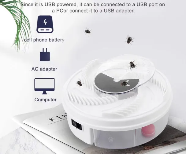 White USB electric fly trap with automatic fan, compact PP plastic body, 20 square metre coverage