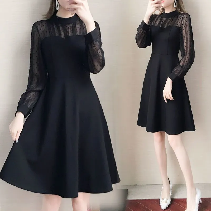 Black solid colour polyester lace long sleeve underdress with slimming fit on female model