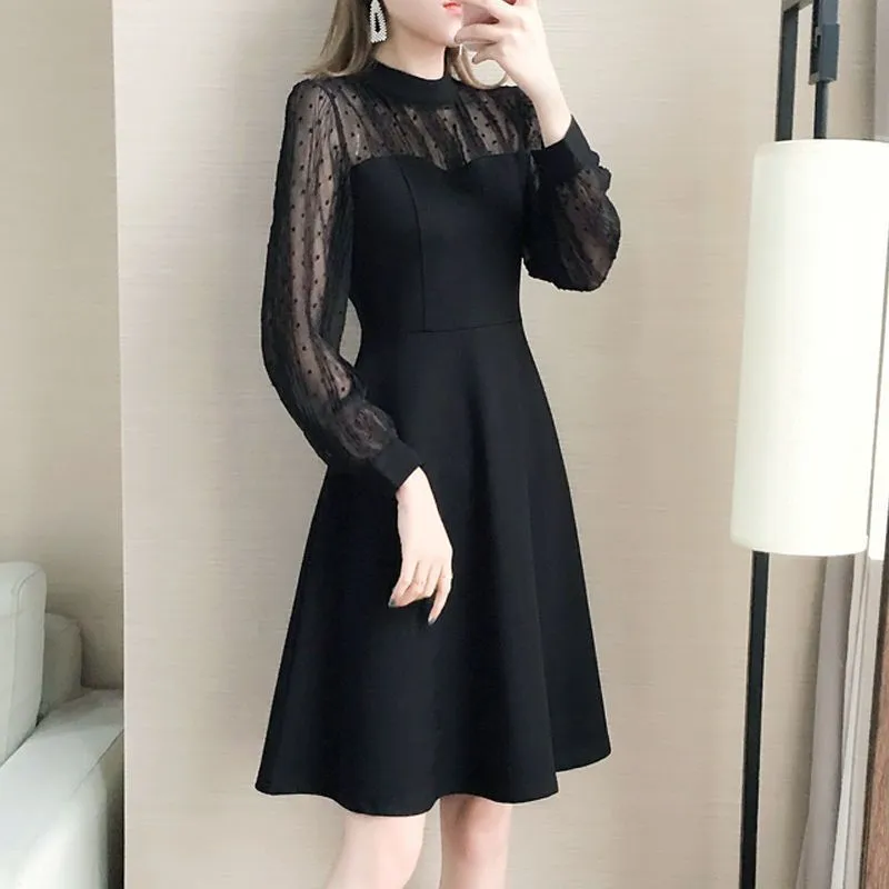 Black solid colour polyester lace long sleeve underdress with slimming fit on female model