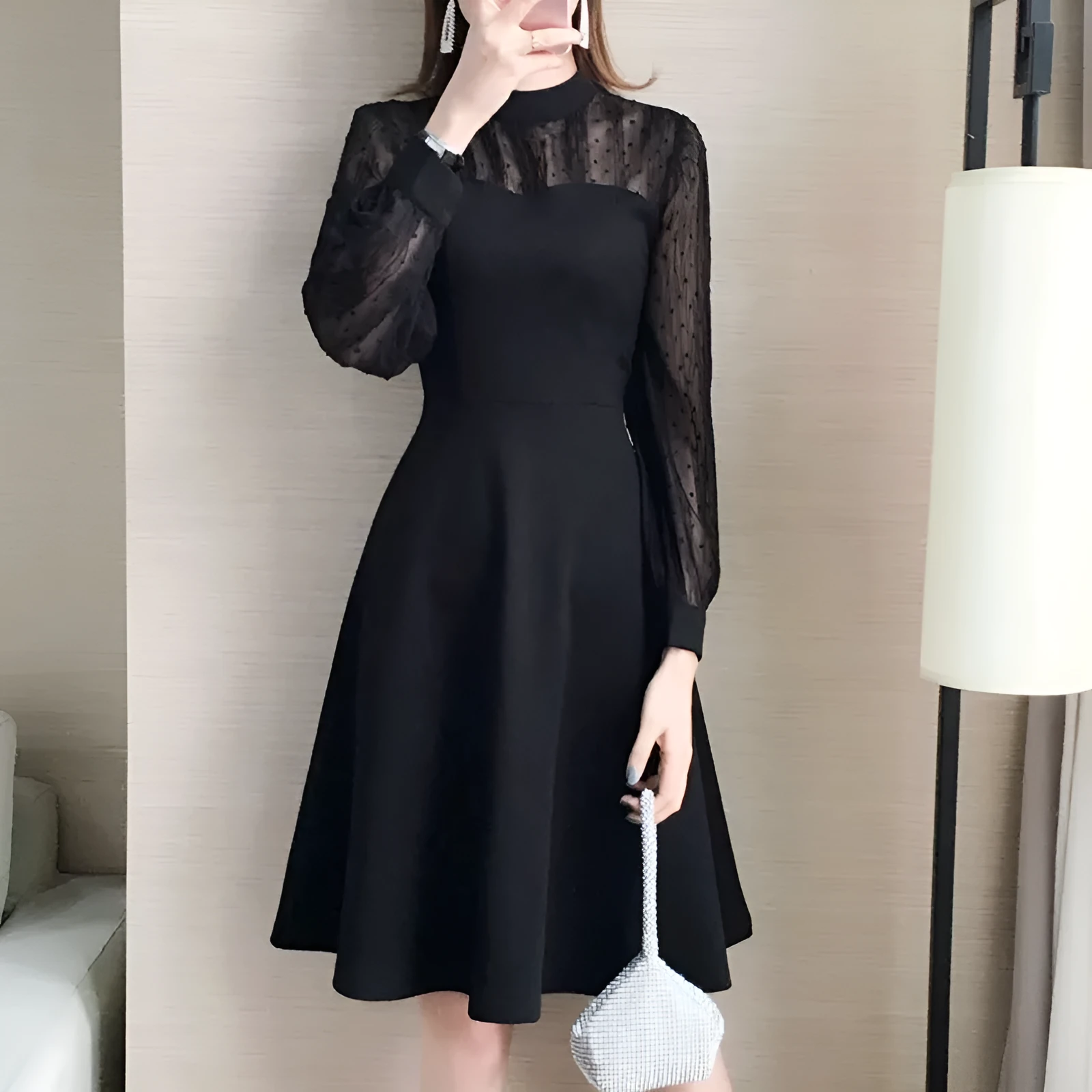Black solid colour polyester lace long sleeve underdress with slimming fit on female model