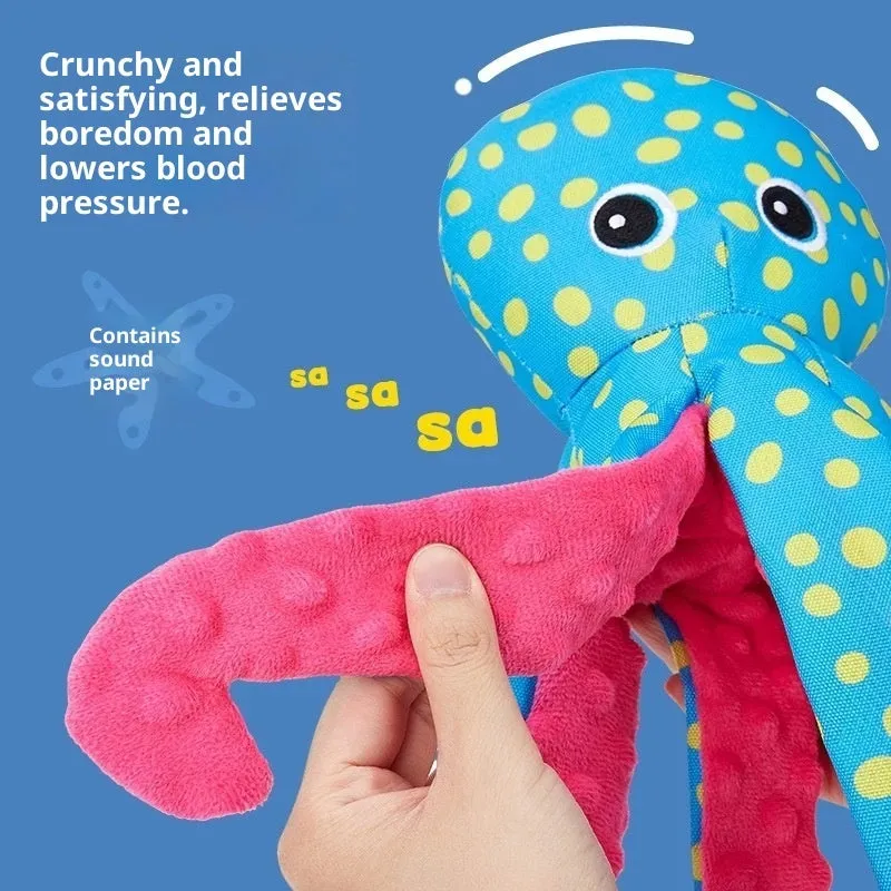 Blue canvas plush octopus print dog toy with squeaker from ocean series