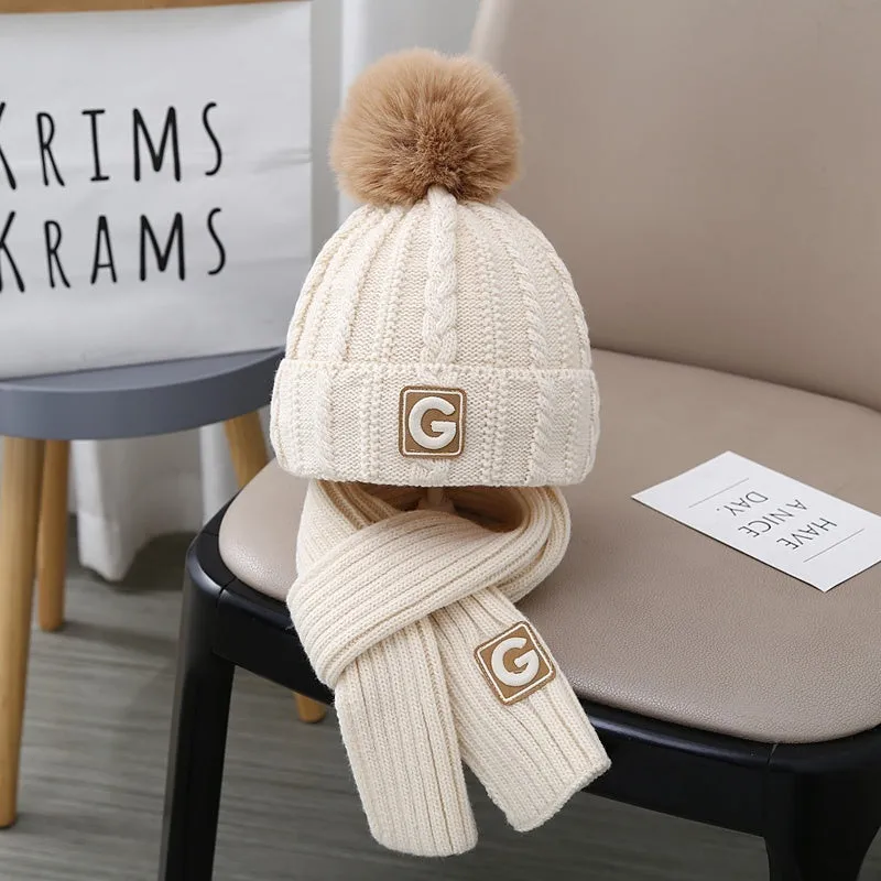 Boys' knitted fleece-lined hat and scarf set with no-top hat for babies 0-6 months