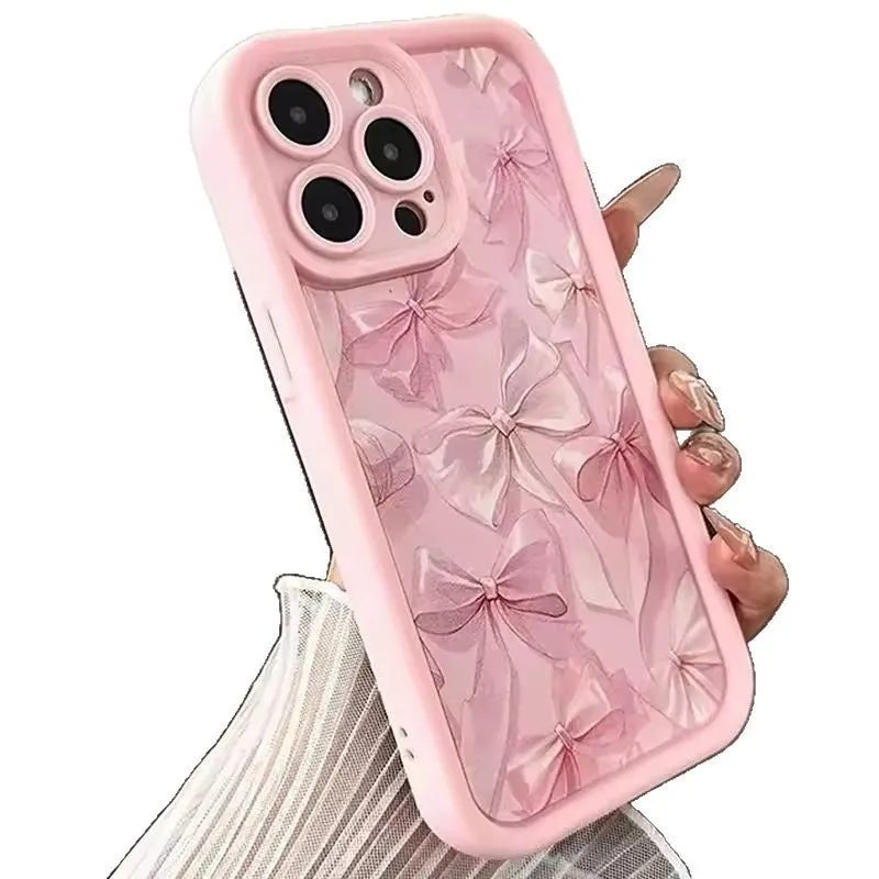 Pink matte silicone phone case with bow for iPhone 16