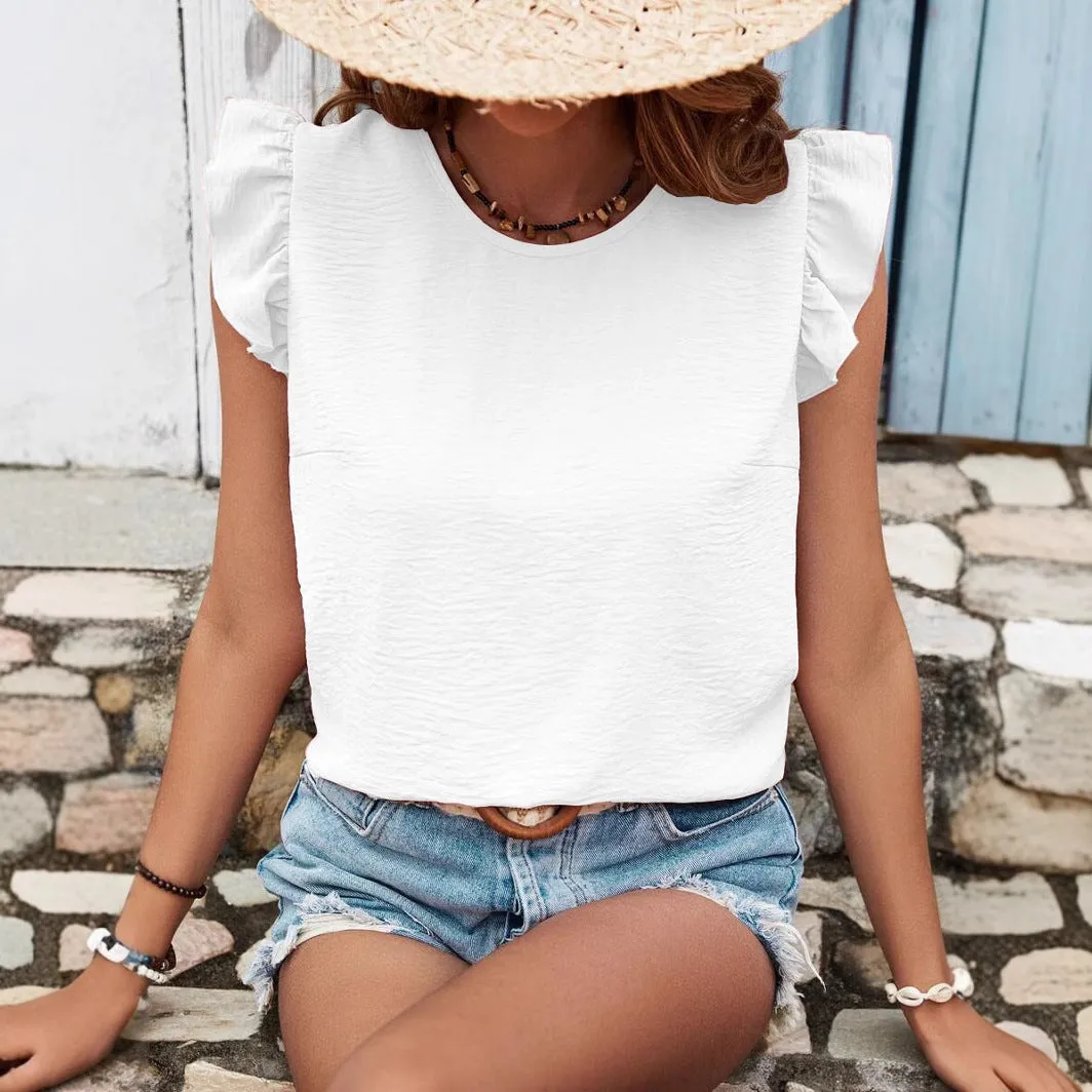 Women's solid colour round neck pullover blouse with ruffled sleeves and patchwork detail