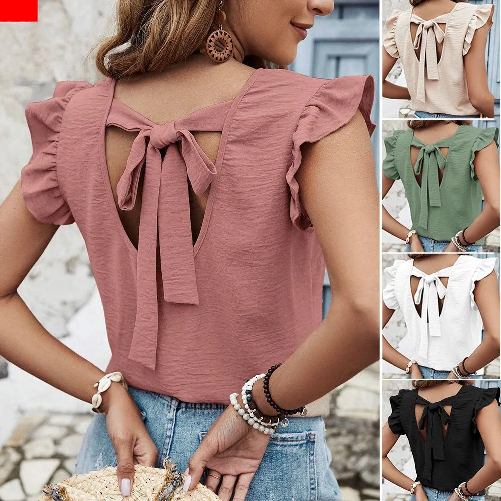 Women's solid colour round neck pullover blouse with ruffled sleeves and patchwork detail