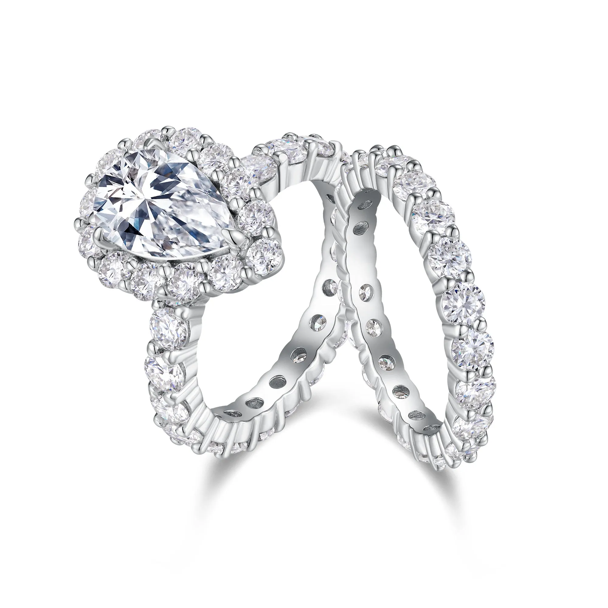 Love ring with pear-shaped moissanite on S925 silver band platinum-plated finish sizes 5 to 9