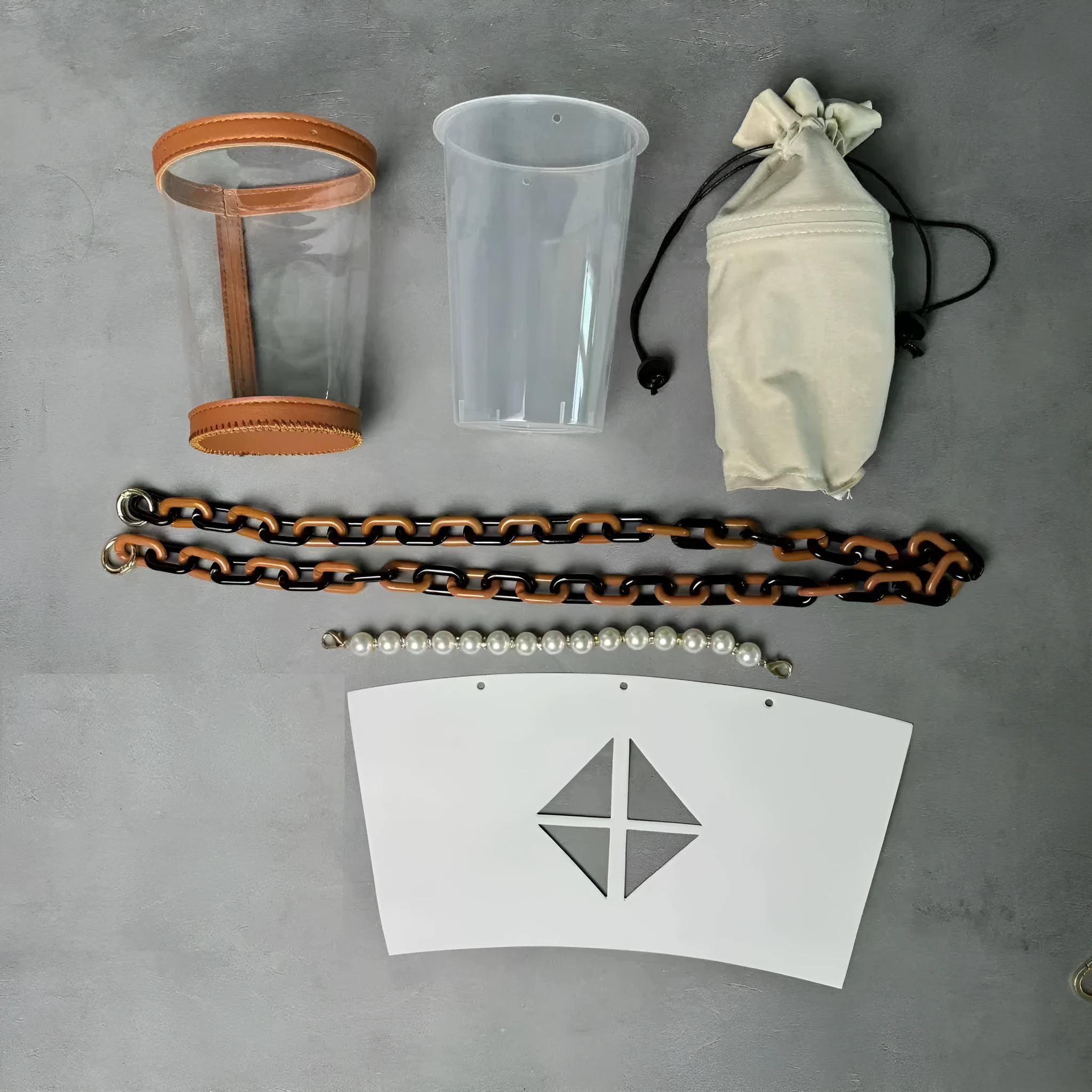 Set of three brown PVC bucket bags with chain crossbody straps, displayed together showing Brown 1, Brown 2, and Brown 3 shades.