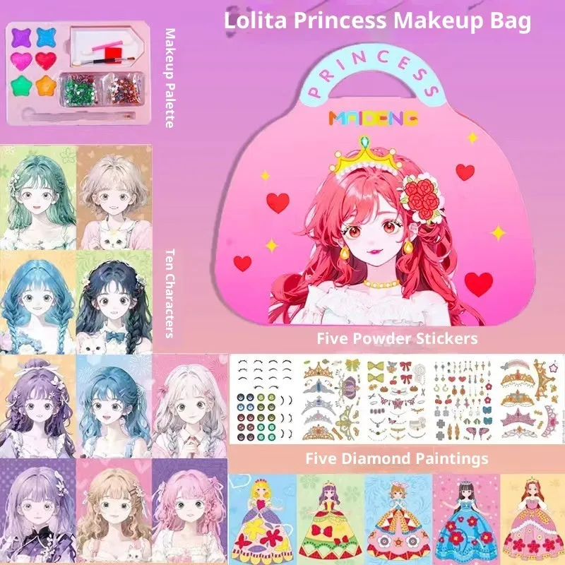 Children's paper princess makeup bag sticker toy with antique princess style, including stickers and mesh bag