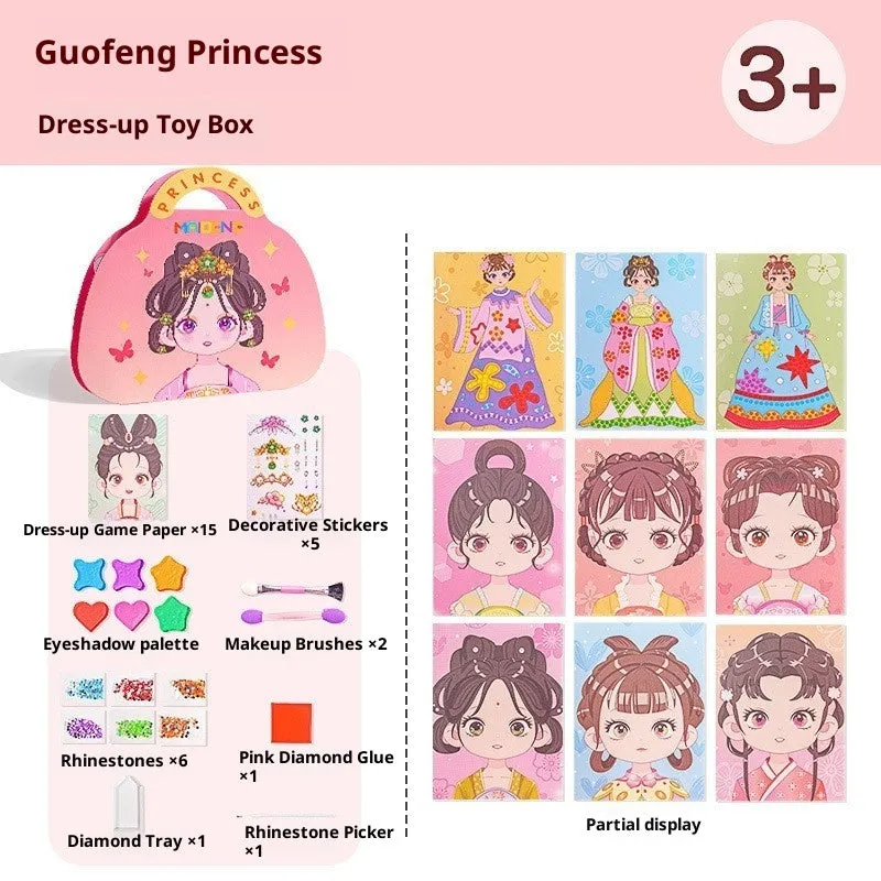Children's paper princess makeup bag sticker toy with antique princess style, including stickers and mesh bag