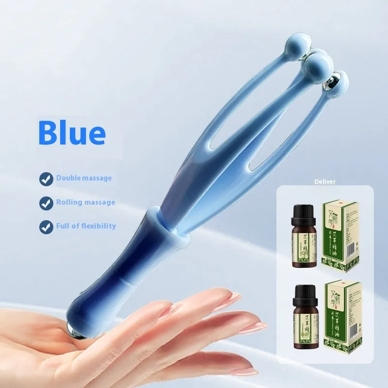 Blue and white PP plastic finger massager with visible electroplated steel balls for hand joint rolling therapy.