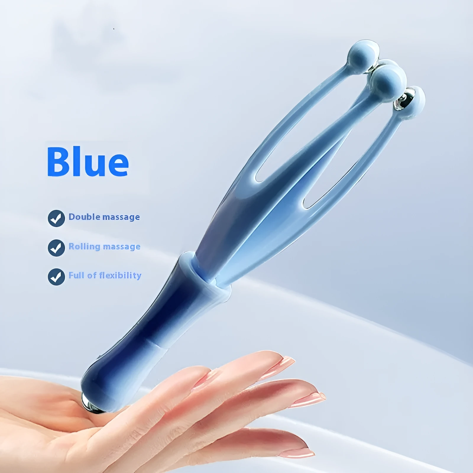 Blue and white PP plastic finger massager with visible electroplated steel balls for hand joint rolling therapy.