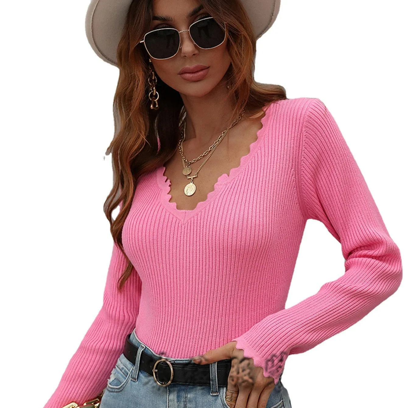 Women's loose solid colour viscose knitwear sweater, slim fit pullover with patchwork design, available in multiple colours