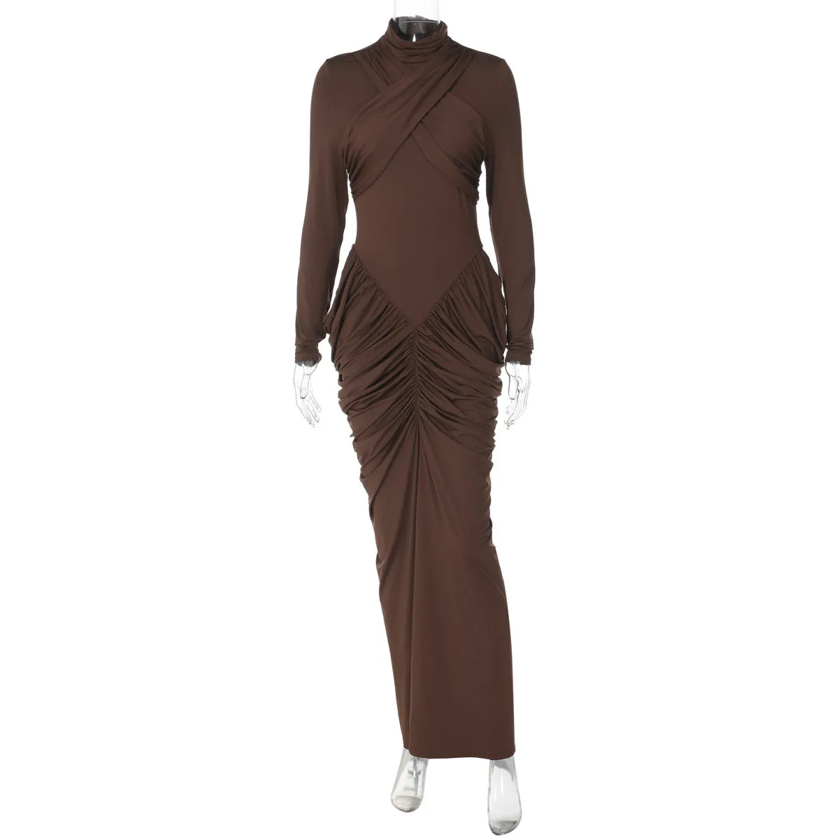 Women's solid colour high neck long sleeve ruffle back bodycon dress in brown pencil skirt style