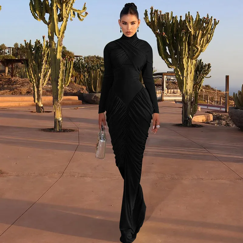 Women's solid colour high neck long sleeve ruffle back bodycon dress in brown pencil skirt style