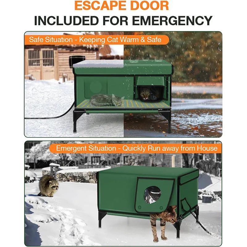 Green outdoor heated insulated foldable cat house made of 900D PVC with charger