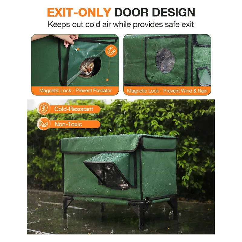 Green outdoor heated insulated foldable cat house made of 900D PVC with charger