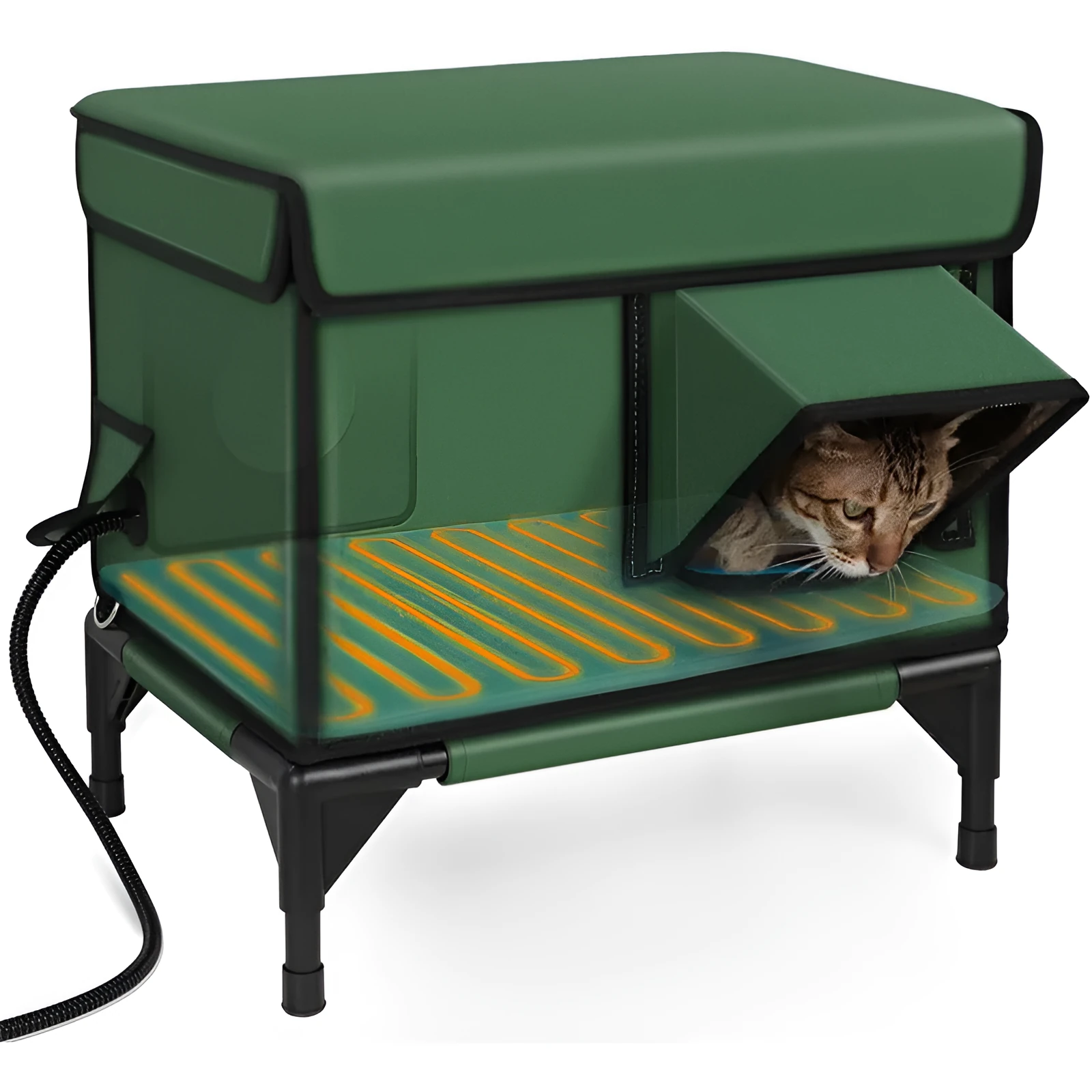 Green outdoor heated insulated foldable cat house made of 900D PVC with charger