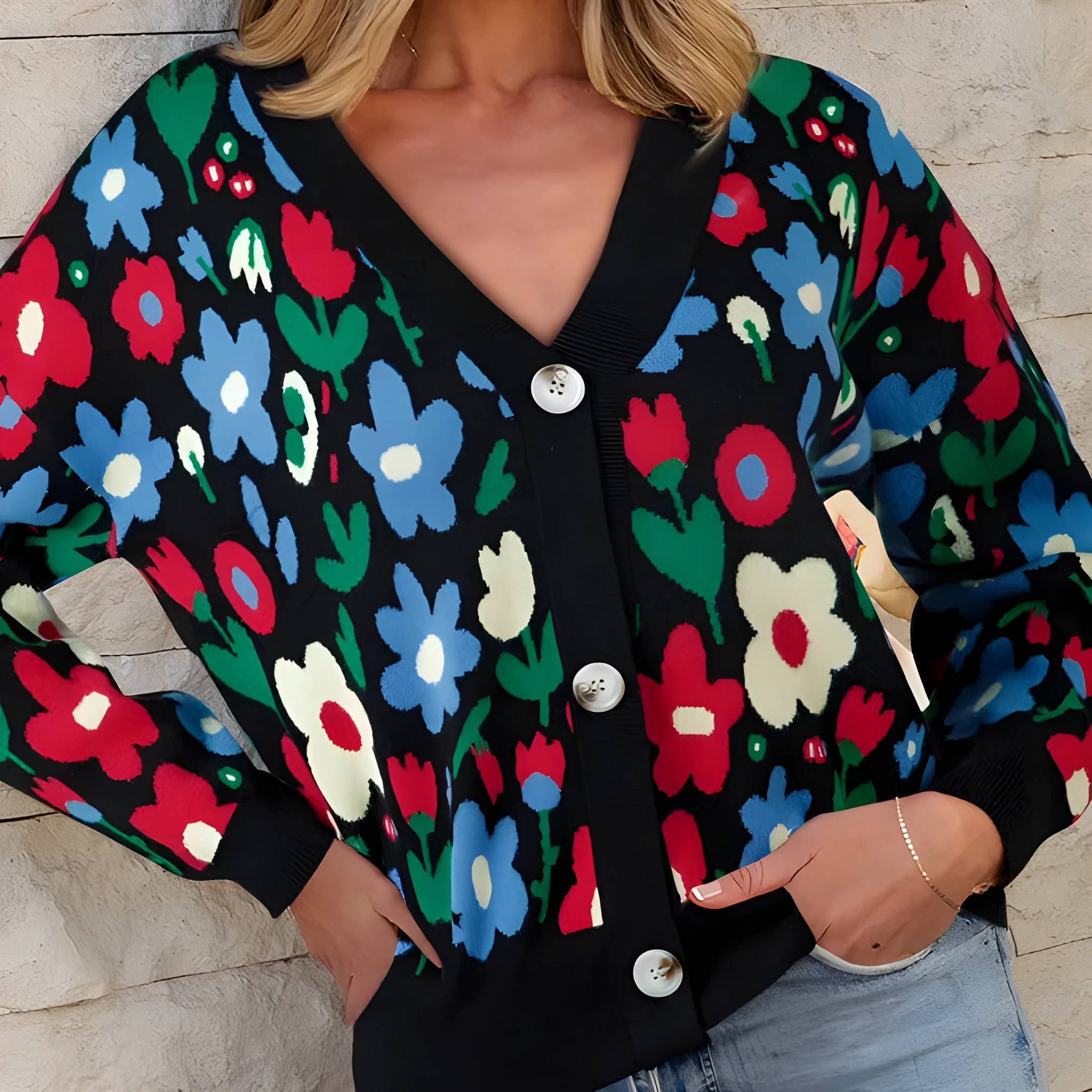 Black floral print V-neck button short cardigan sweater on model, long sleeves, shift silhouette