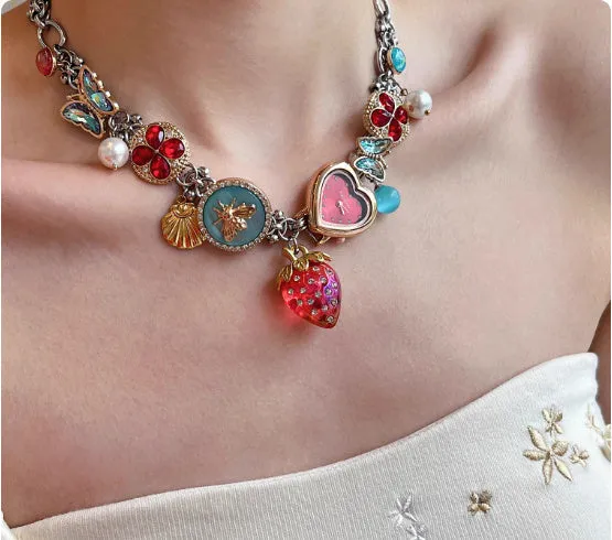 Red blue strawberry clock butterfly titanium steel necklace online exclusive for women