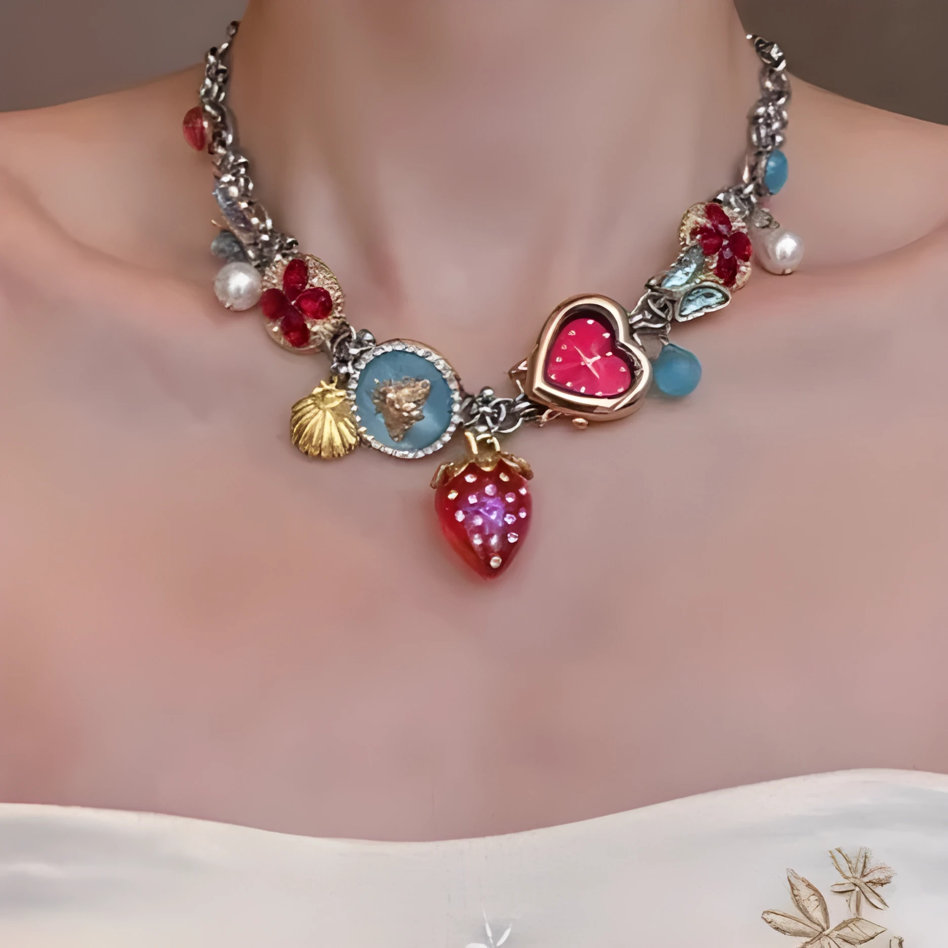 Red blue strawberry clock butterfly titanium steel necklace online exclusive for women