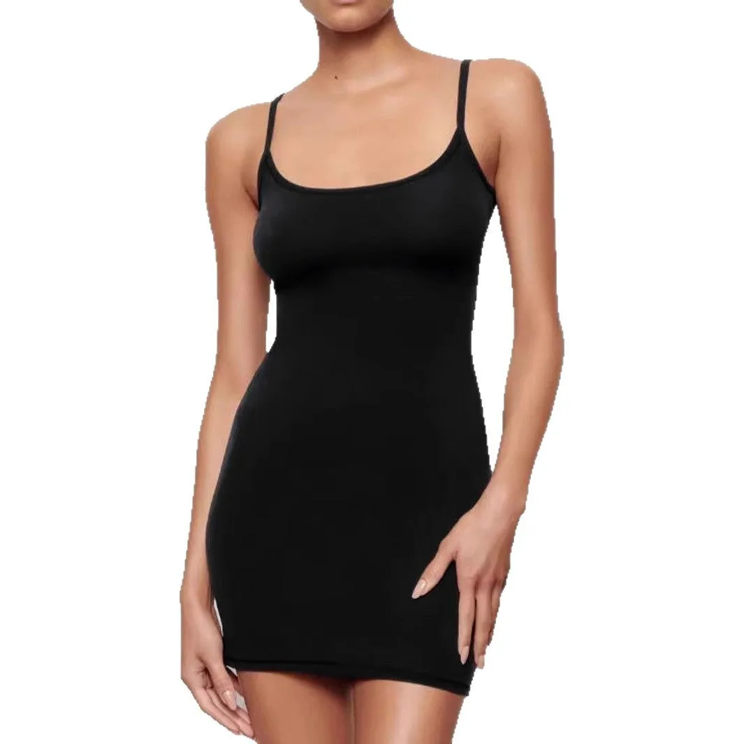 Black skinny sheath sling dress with sleeveless design and mid-waist cut