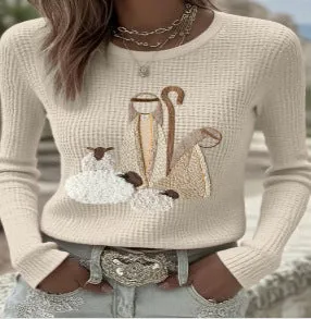 3D effect artistic retro knit sweater for women in loose fit polyester fabric with embossed pattern