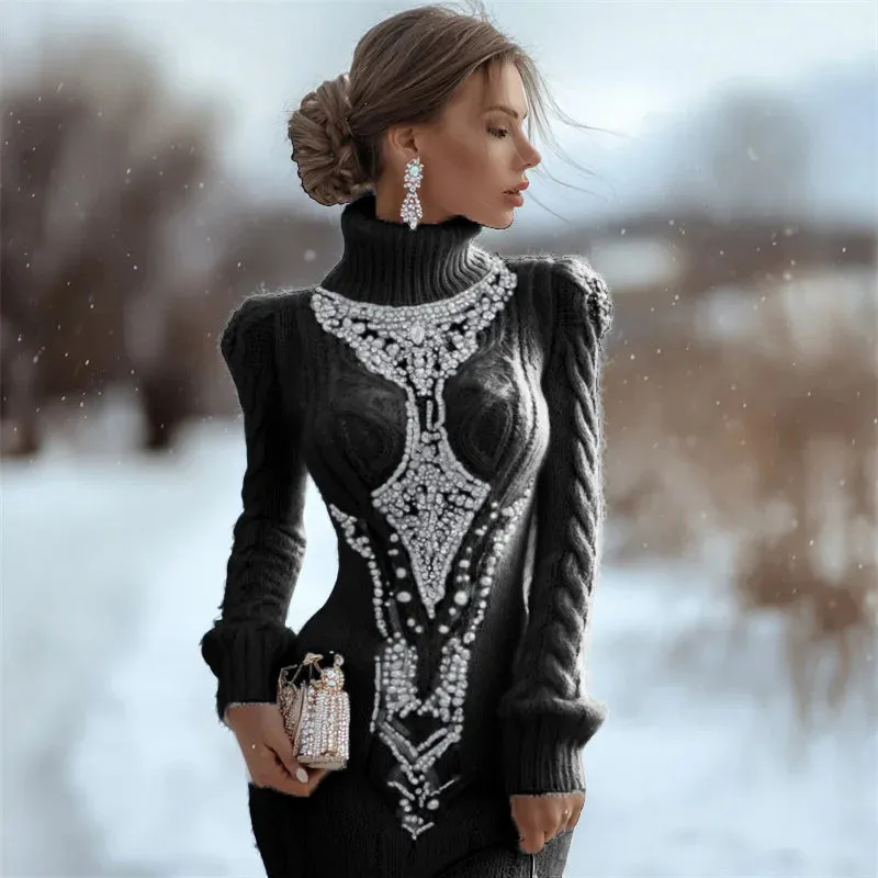 Women's slim-fit high-neck bodycon dress sweater with 3D print, pencil skirt length, in black
