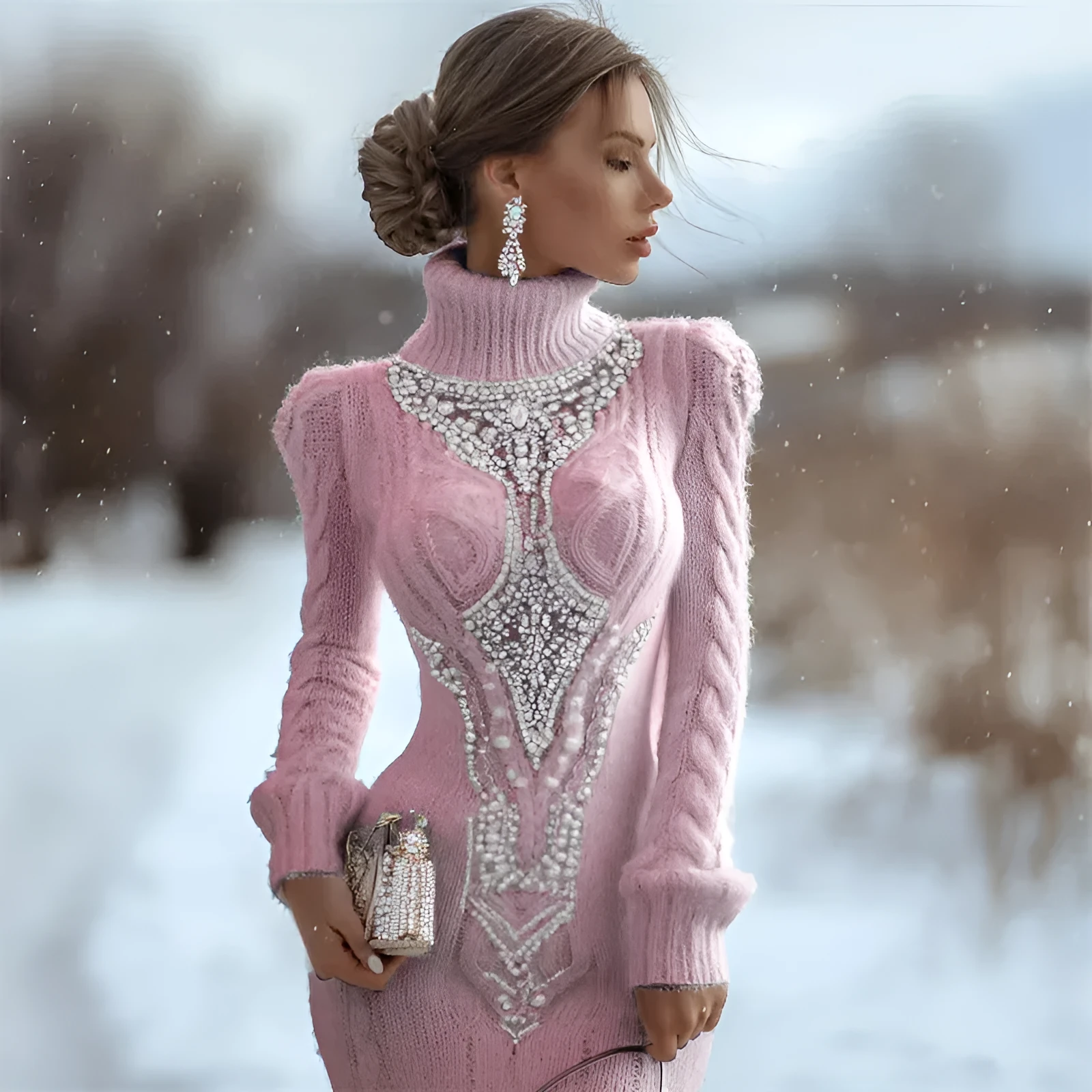 Women's slim-fit high-neck bodycon dress sweater with 3D print, pencil skirt length, in black