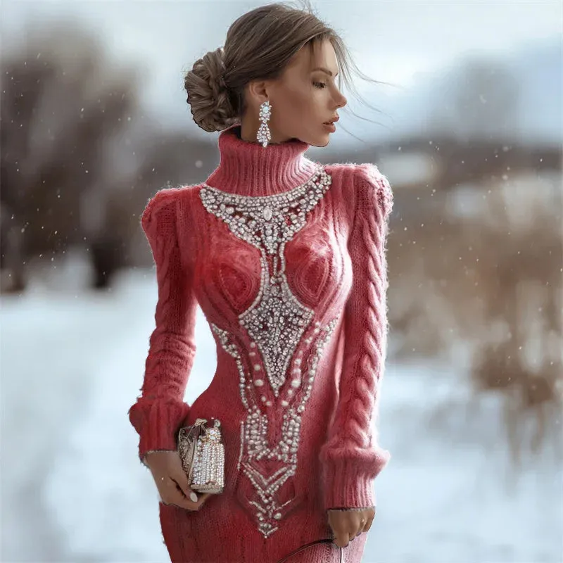 Women's slim-fit high-neck bodycon dress sweater with 3D print, pencil skirt length, in black