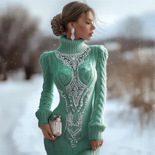 Women's slim-fit high-neck bodycon dress sweater with 3D print, pencil skirt length, in black