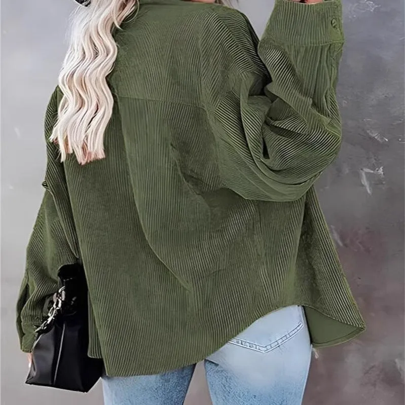 Women's corduroy loose coat with button front and patch pockets in solid colour