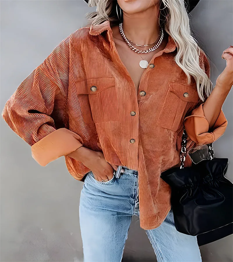 Women's corduroy loose coat with button front and patch pockets in solid colour