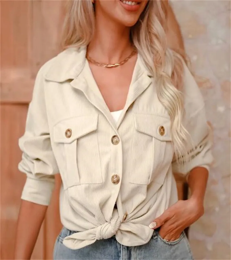 Women's corduroy loose coat with button front and patch pockets in solid colour