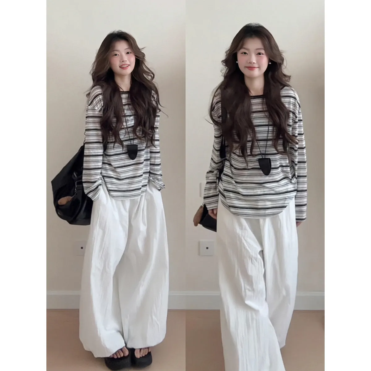 Striped long sleeve relaxed fit T-shirt in black stripes for sun protection, polyester fabric