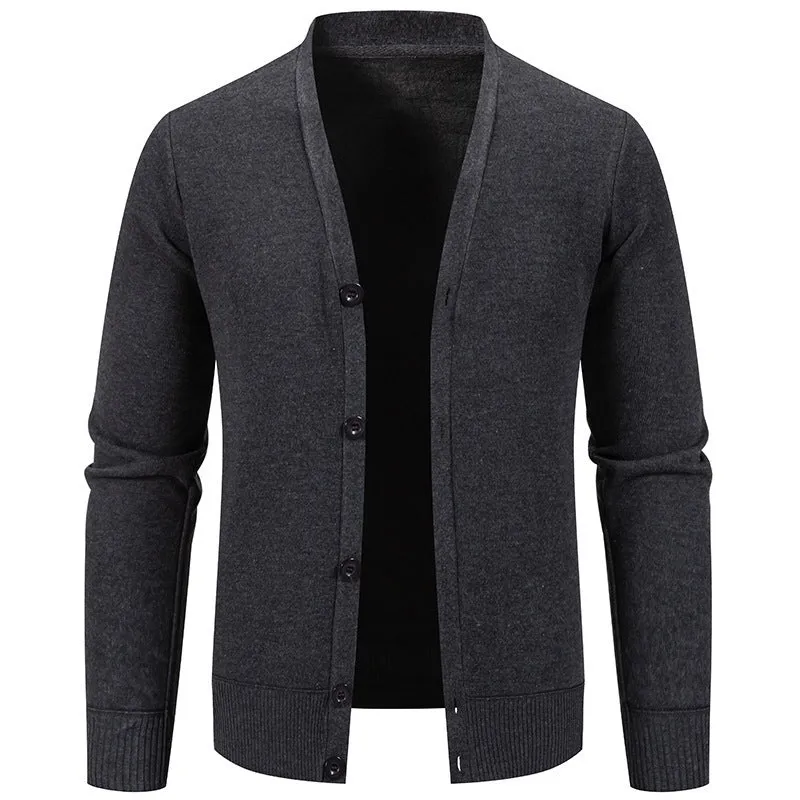 Solid colour fleece-lined knit cardigan for youth loose fit polyester navy blue front view