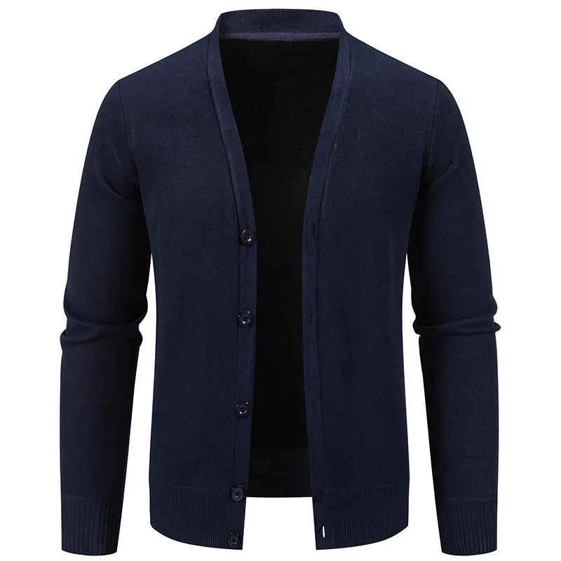 Solid colour fleece-lined knit cardigan for youth loose fit polyester navy blue front view