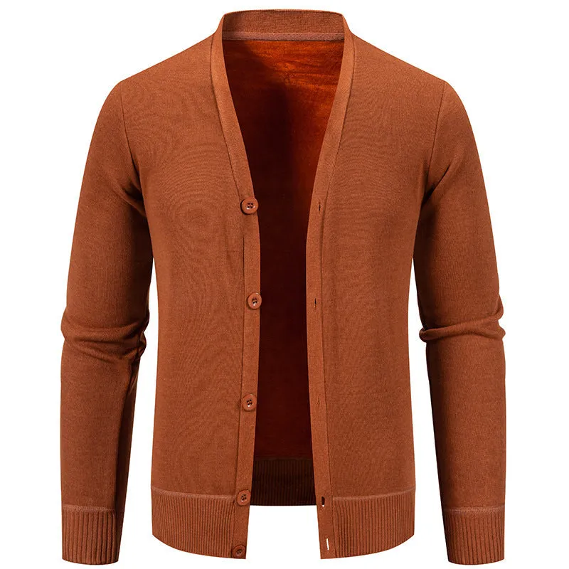 Solid colour fleece-lined knit cardigan for youth loose fit polyester navy blue front view