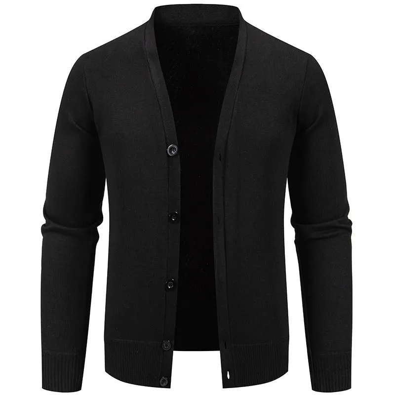 Solid colour fleece-lined knit cardigan for youth loose fit polyester navy blue front view