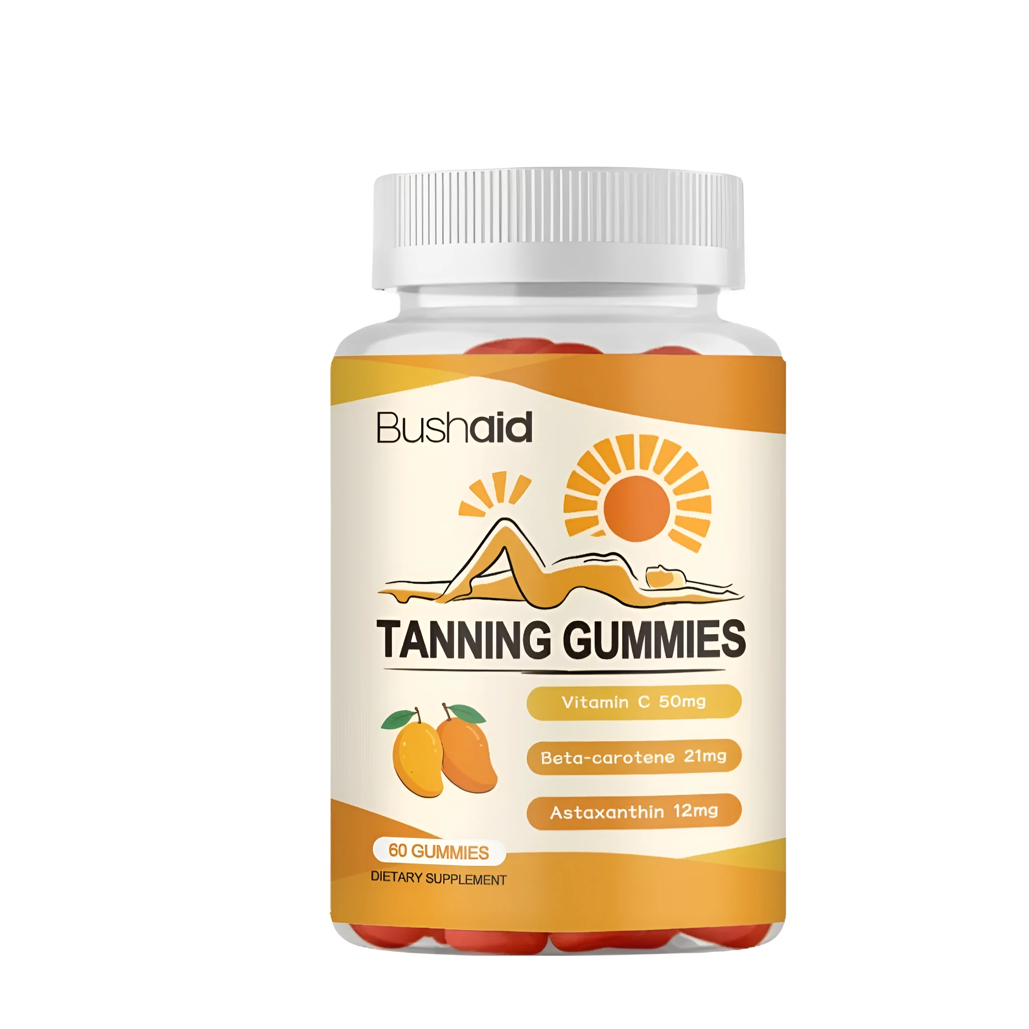 Pack of 60 Meihei nutritional supplement gummies with white caps, containing astaxanthin, lycopene, zinc and vitamins.