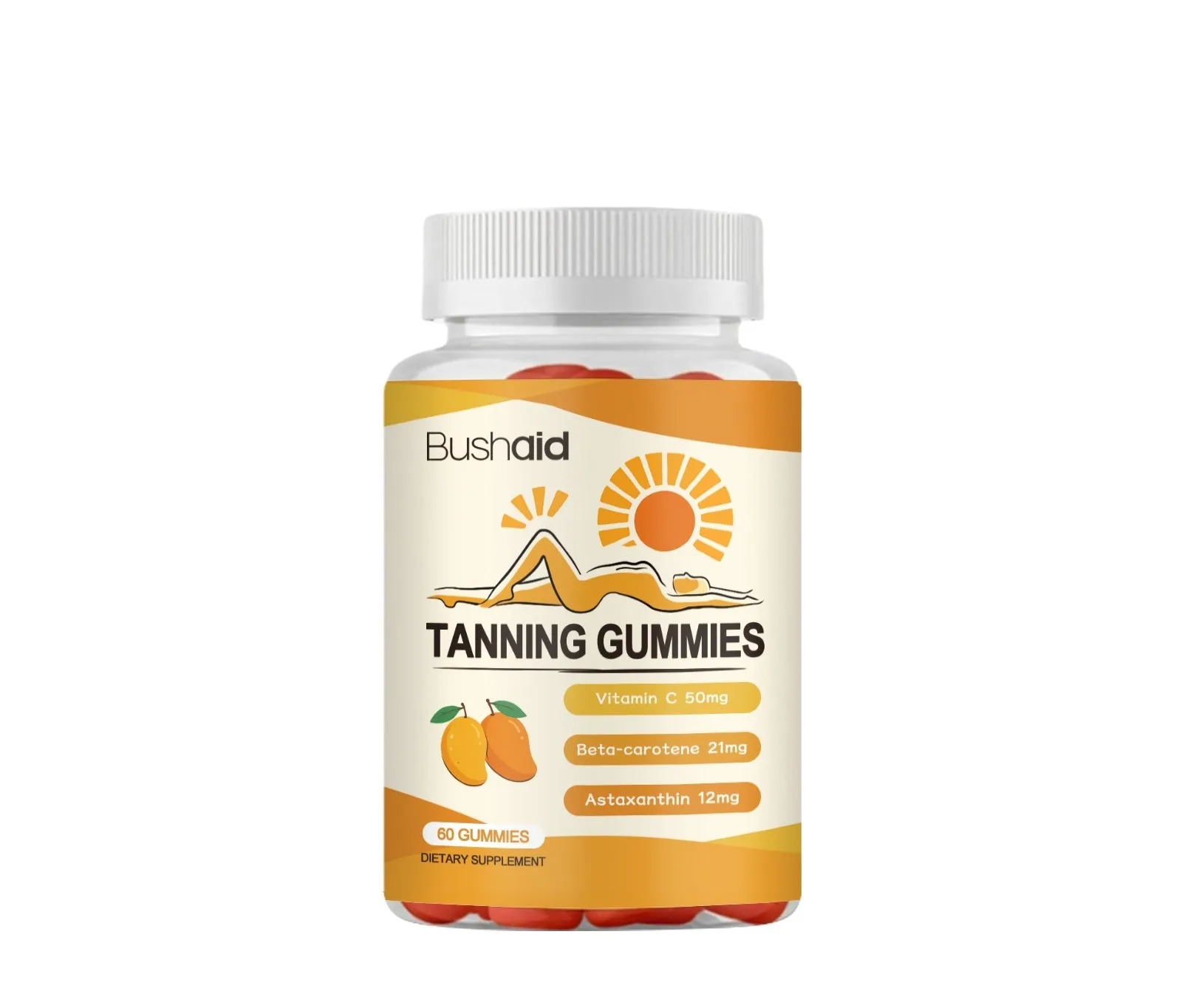 Pack of 60 Meihei nutritional supplement gummies with white caps, containing astaxanthin, lycopene, zinc and vitamins.