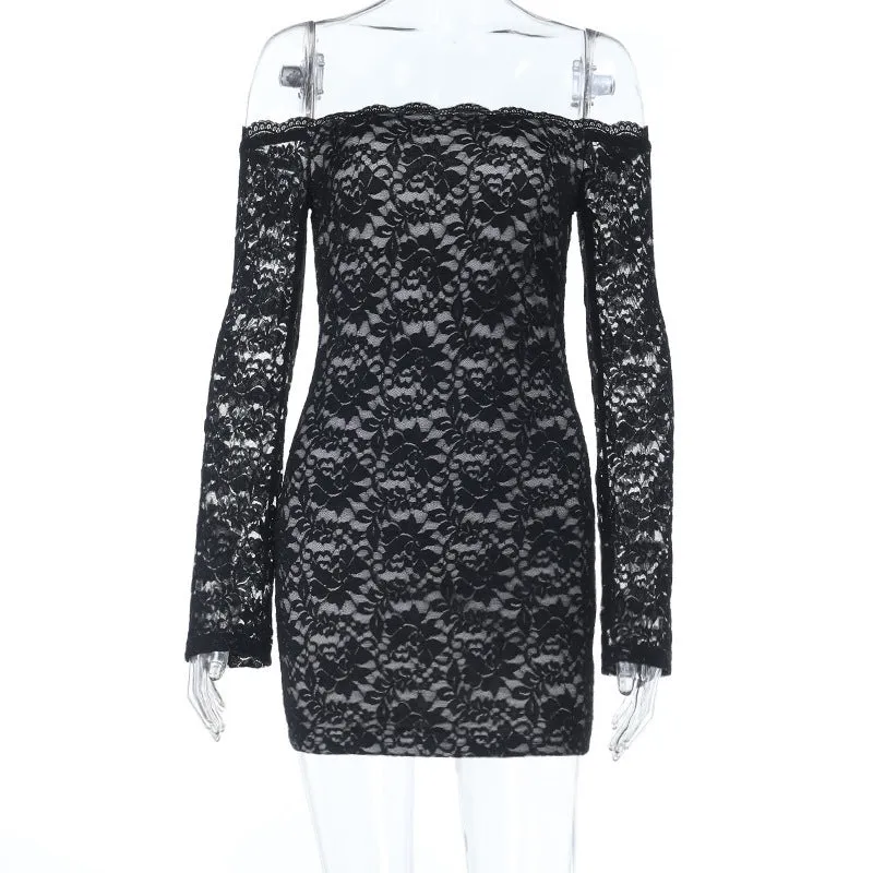One-shoulder lace long-sleeved black dress with sheer pencil skirt high waist