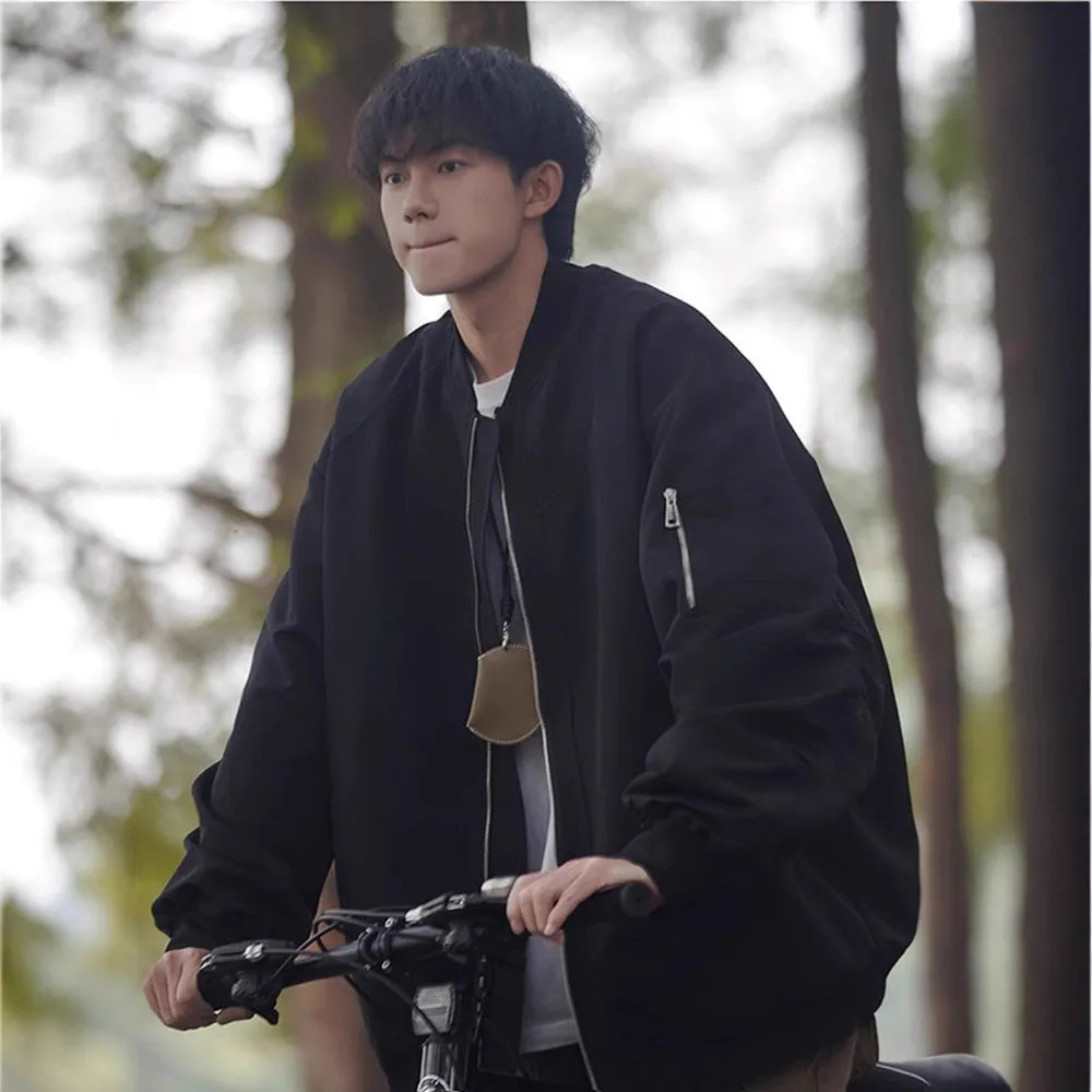 Men's loose pilot jacket in gray, black, and green, cotton blend with polyester lining, long sleeve straight hem Korean style